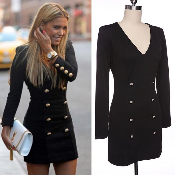 Dress Europe US hot style pencil skirt personality fashion long-sleeved dress buttons putting new double-breasted coat v-neck