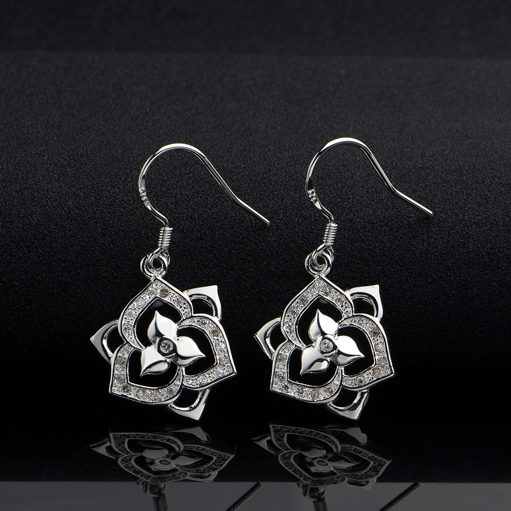Brand new sterling silver Insets lotus earrings DFMSE482,women's 925 silver Dangle Chandelier wedding gemstone earrings factory direct