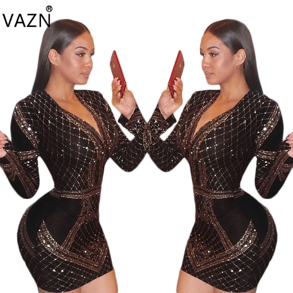 VAZN 2018 High Quality Slim Temperate Fashion Bandage Dress Full Sleeve Mini Dress V-Neck Sexy Bodycon Dress CM120 q1118