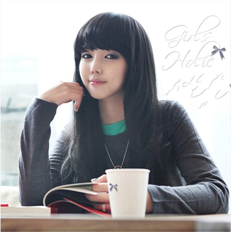 long curly wig brown black wavy natural wigs with bangs high temperature silk synthetic fiber hair women