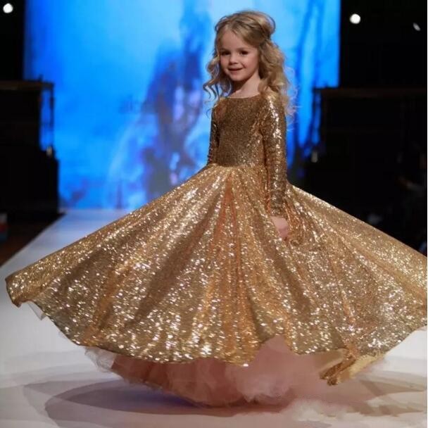 Dresses Pageant Princess Sparkly Gold Sequins Jewel Neck Long Sleeves Or Length Kids Wer Girls Dress Cheap Birthday Gowns