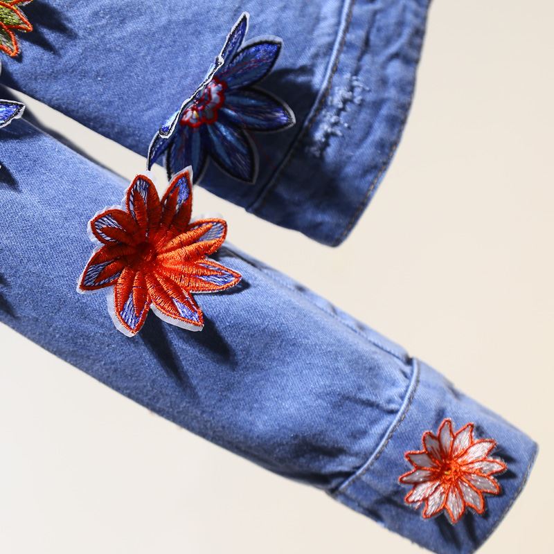 Europe station 2015 autumn new women's Heavy embroidered flowers affixed cloth blue denim jacket temperament wild