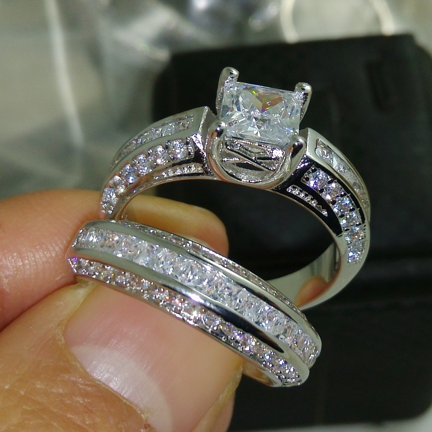 10KT Black Gold Filled Retro White Topaz Simulated Dia Engagement Ring Set Gift (Size 5-10)