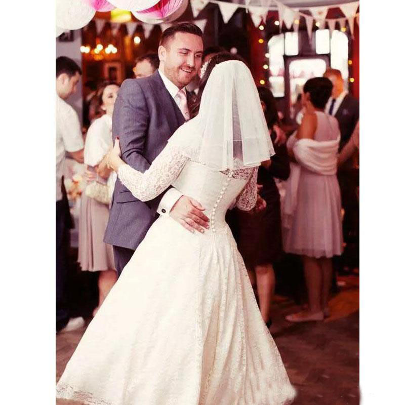 Lace Short Wedding Dresses 3/4 Long Sleeves Country Garden Tea Length Bridal Gowns Sheer Neck Custom Size Wedding Bride Gowns