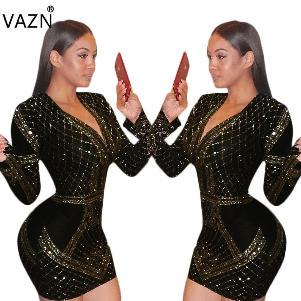 VAZN 2018 High Quality Slim Temperate Fashion Bandage Dress Full Sleeve Mini Dress V-Neck Sexy Bodycon Dress CM120 q1118