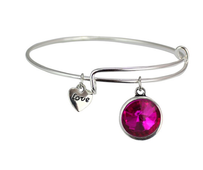 Women Bangle silver bangles birthstone crystal bangle adjustable expandable wire love heart bracelet girls birth stone jewelry