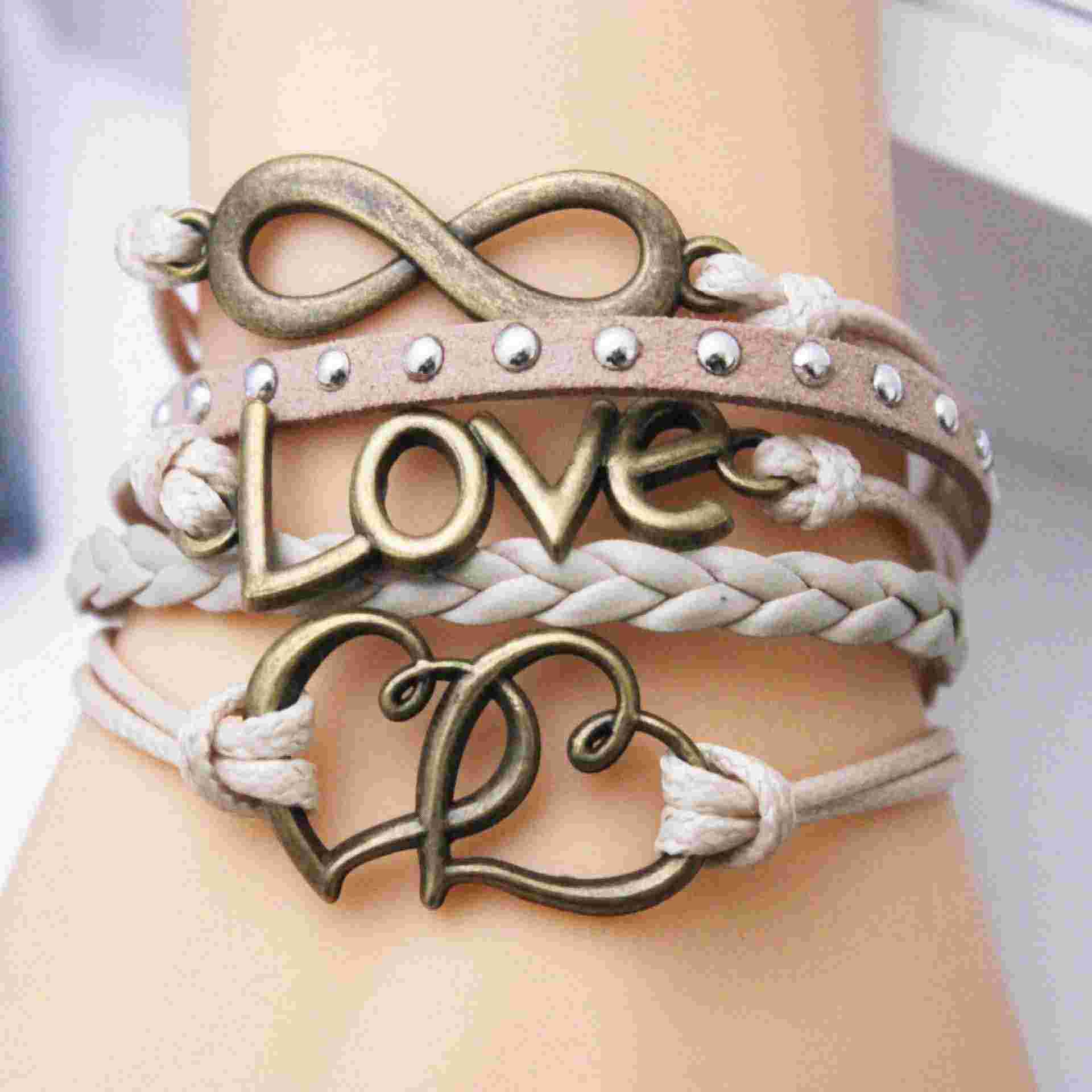 fashion bracelet Heart bright multi- bracelets ashion Jewelry Leather Cord Love Friendship Infinity Charm Bracelet Silver lots Mixed style