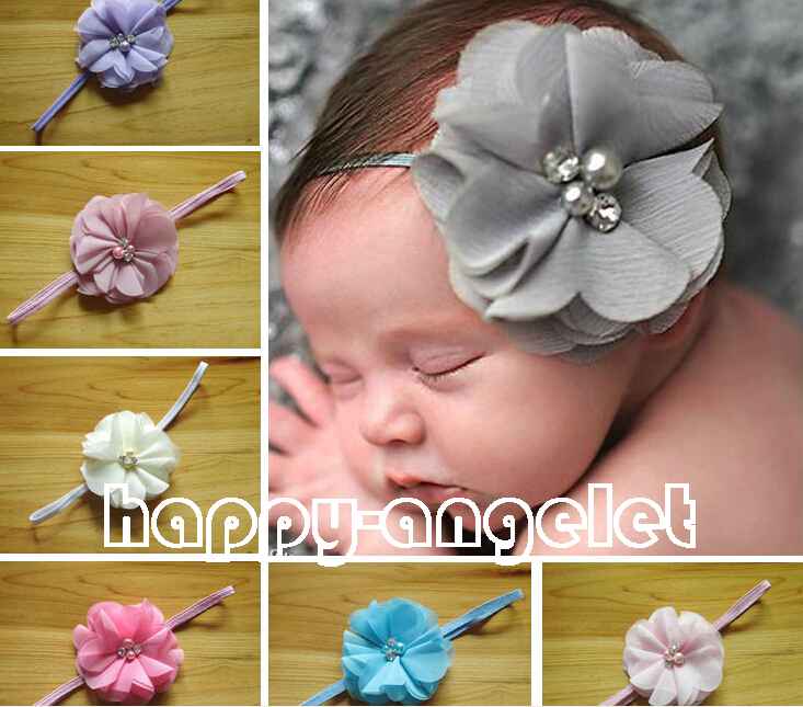 40pcs 3" Chiffon hair bow flower hair accessories kids baby pearl lace applique stretchy Ropes Elastic Headband skinny hair band PJ5212