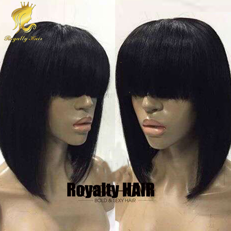 Natural Color Short straight Human Hair Wig With Bangs Glueless Full Lace Wigs Peruvian Short Bob lace front Wigs For Black Woman