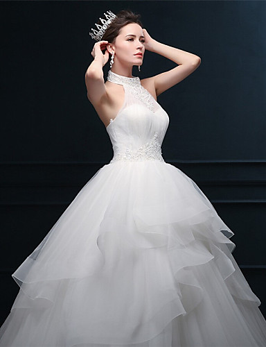 2025 Wedding Dresses New Hot Fashion Free Shipping Elegant Ball Gown Ivory Floor-length Appliques Beads Halter Tulle Bride Gowns