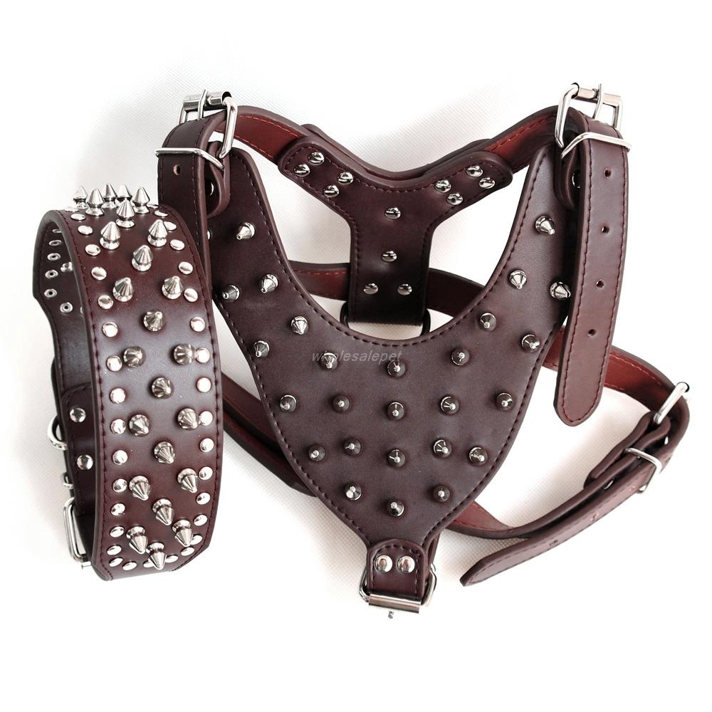 Wholesale-Brown Large Spiked&Studded Leather Dog Harness&Collar SET for Pit Bull Mastiff