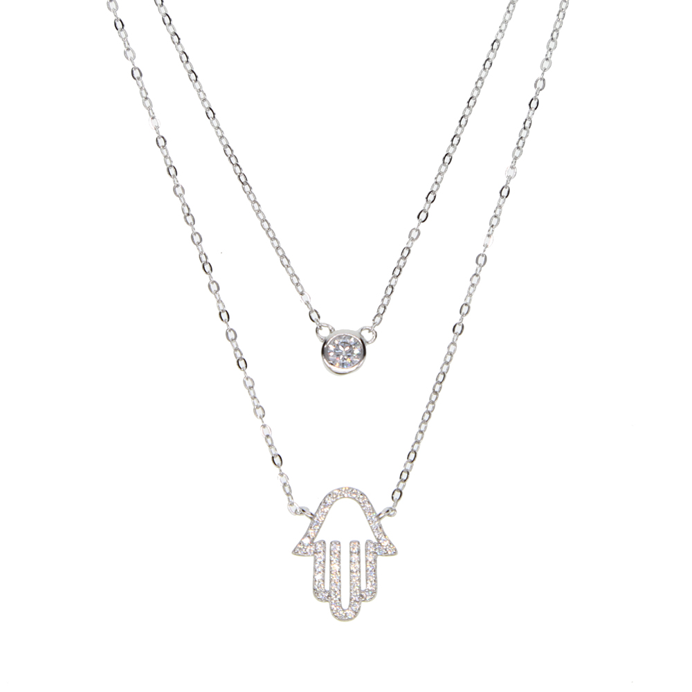 100% 925 sterling silver factory wholesale double layer women chain choker bezel cz diamond micro pave hamsa hand silver necklace