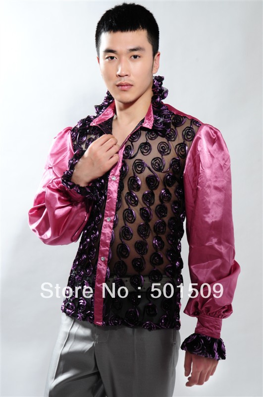 Wholesale-Free shipping fan collar prince stage sequins decoration mens tuxedo shirts party/wedding shirts latin dance performance shirts