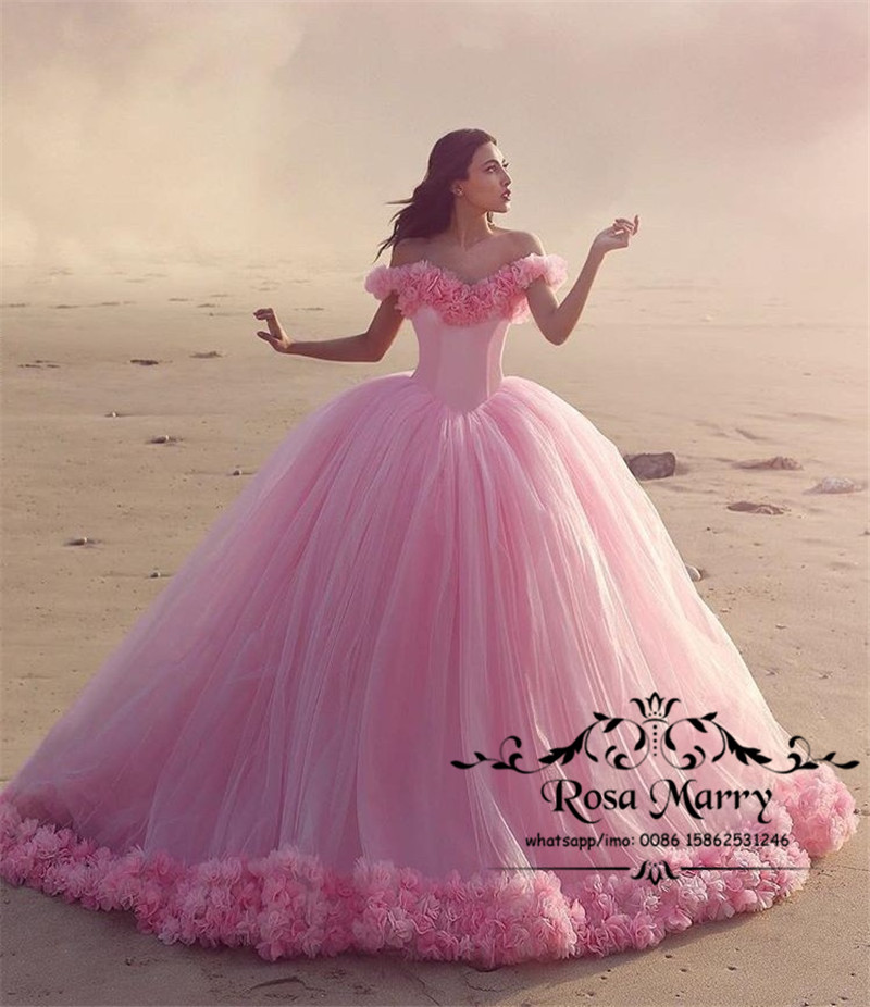Princess Pink 3D Floral Ball Gown Wedding Dresses 2020 Off Shoulder Flower Plus Size Puffy Tulle Country Beach Dubai Bridal Quinceanera Gown