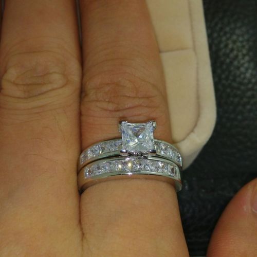 Luxury Size 5/6/7/8/9/10 Jewelry 10kt white gold filled Topaz Princess cut simulated Diamond Wedding Ring set gift with box