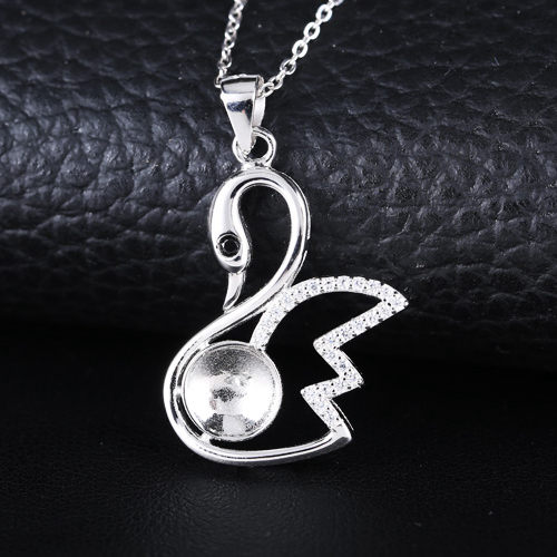 Real Sterling Silver 925 Plated White Gold Crystal Pendant for Women Semi Mount Pendant 7mm8mm9mm Round Bear Pearl Fine Jewelry Setting Swan