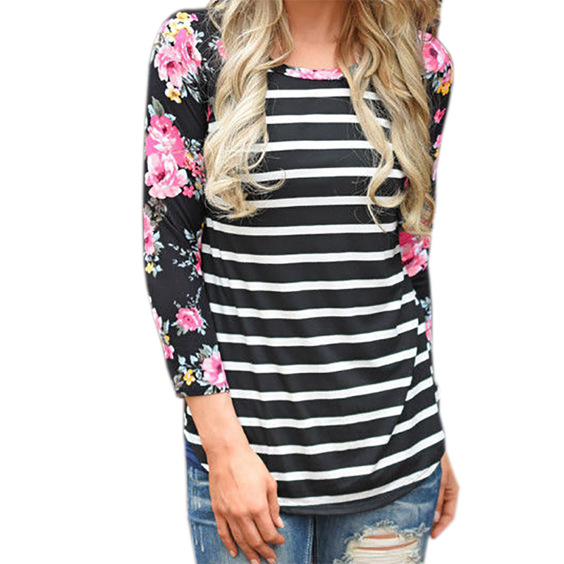 Female Autumn Striped Floral Printed T Shirts 2017 Women Casual Slim Fit T Shirt Femme Plus Size Tops T Shirt Flower Tee GV848 q171122