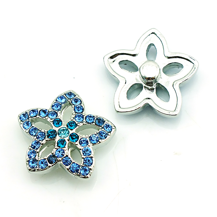 Fashion 18mm Snap Buttons Blue Rhinestone Flower Metal Casp DIY Interchange Bracelets Accessories Jewelry