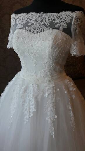 New Off the Shoulder Lace Applique Wedding Dress Ball Gowns Beaded Half Sleeves Real Photos Lace-up Back Vestido De Noiva Bridal Dress