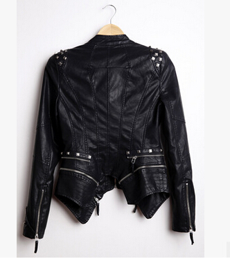 Wholesale-New Womens Punk Spike Studded Shoulder PU Leather Jacket Zipper Coat Size s XL