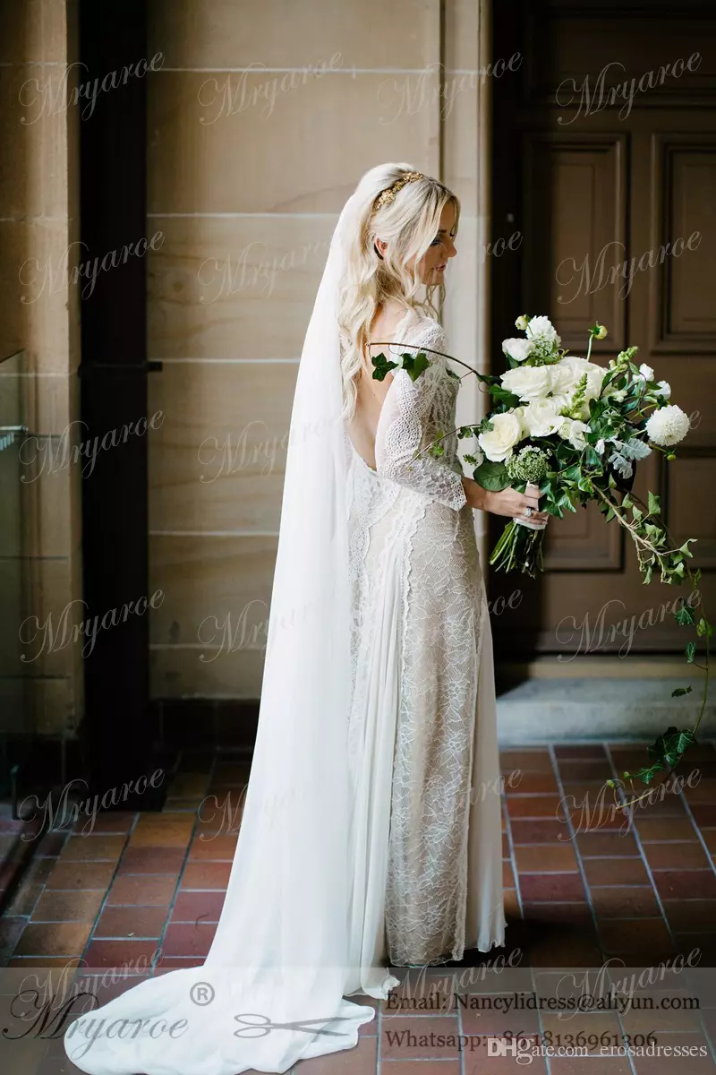 Vintage Lace Bohemian Wedding Dresses French Lace Long Sleeve Boho Wedding Dress Open Back Floor Length Bridal Gown vestido de noiva