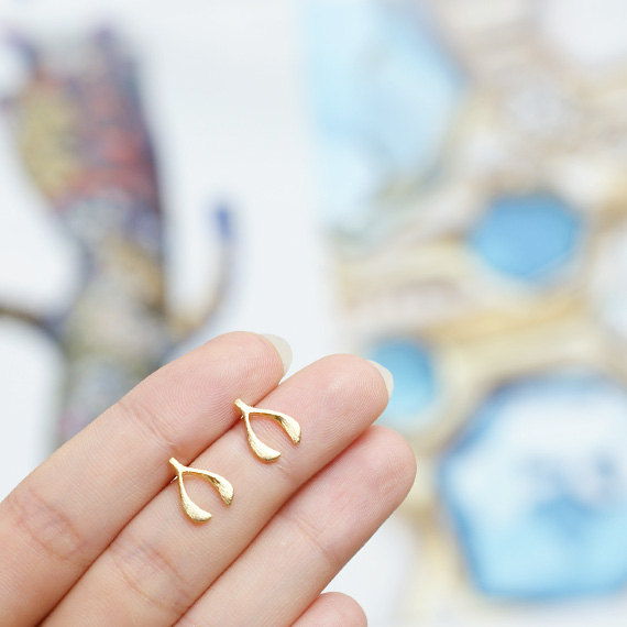 10Pair- S009 Gold Silver Cute Wishbone Stud Earring Lucky bone Stud Earring Tiny Wish Bone Stud Earrings for Women Girls Jewelry