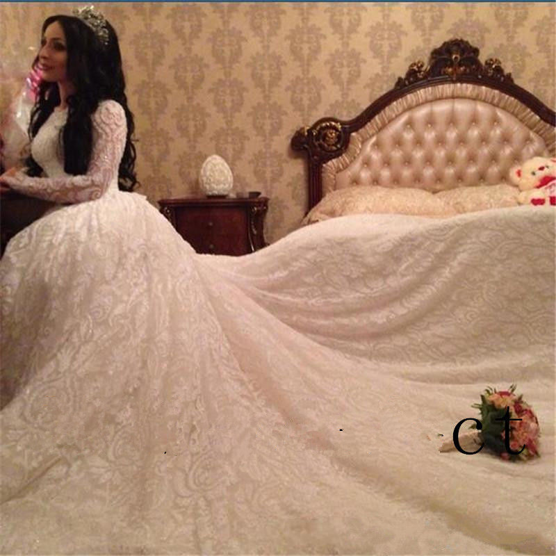 Sleeve Modest Long Saudi Arabic Wedding Dresses Open Back Jewel Neck Lace Appliqued Cathedral Train Country Bridal Gowns 0914