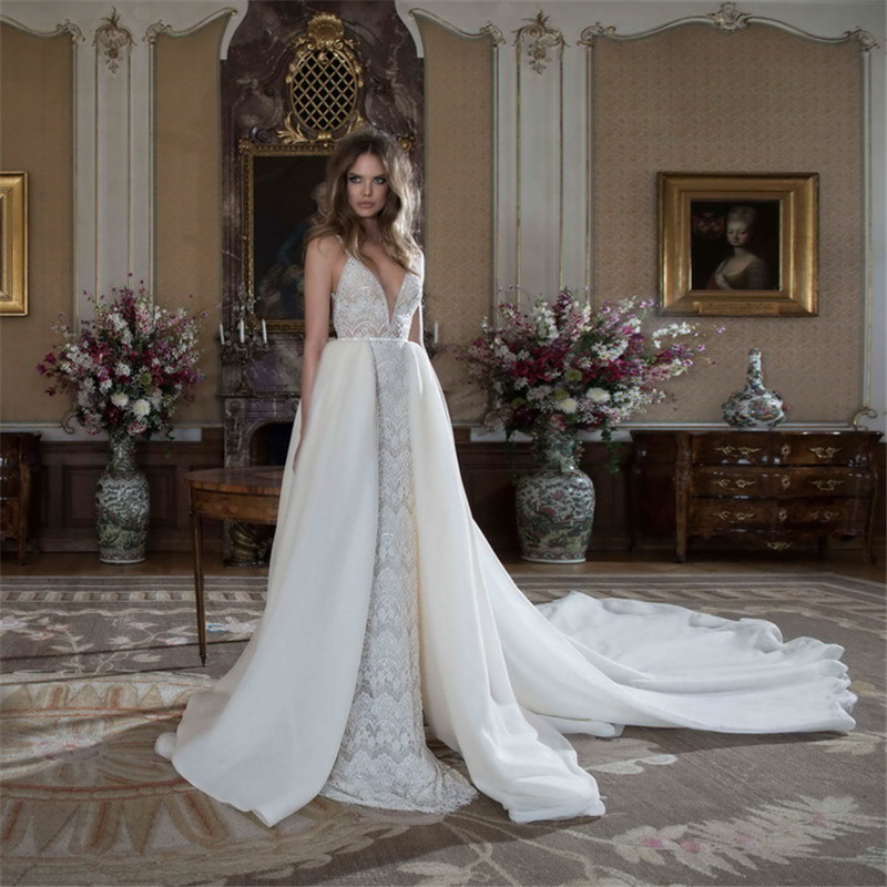 Berta Bridal Lace Wedding Dresses With Detachable Tail Deep V Neck Backless Bridal Gowns Cathedral Train Sleeveless Wedding Gown