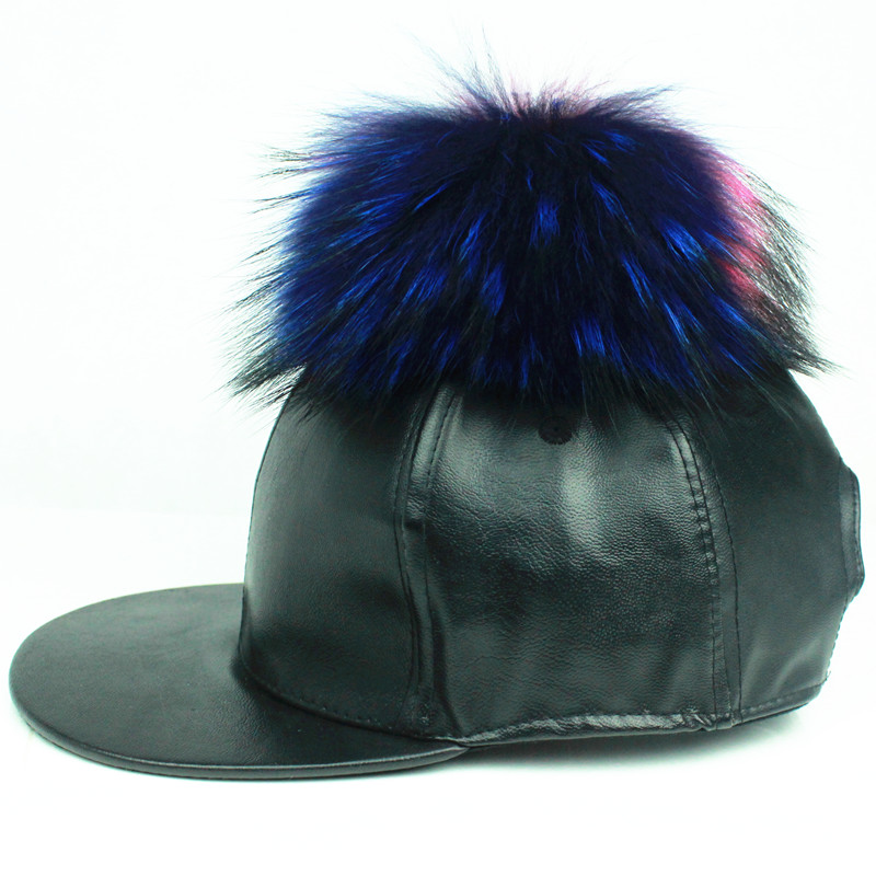 leather baseball cap with fur ball on top