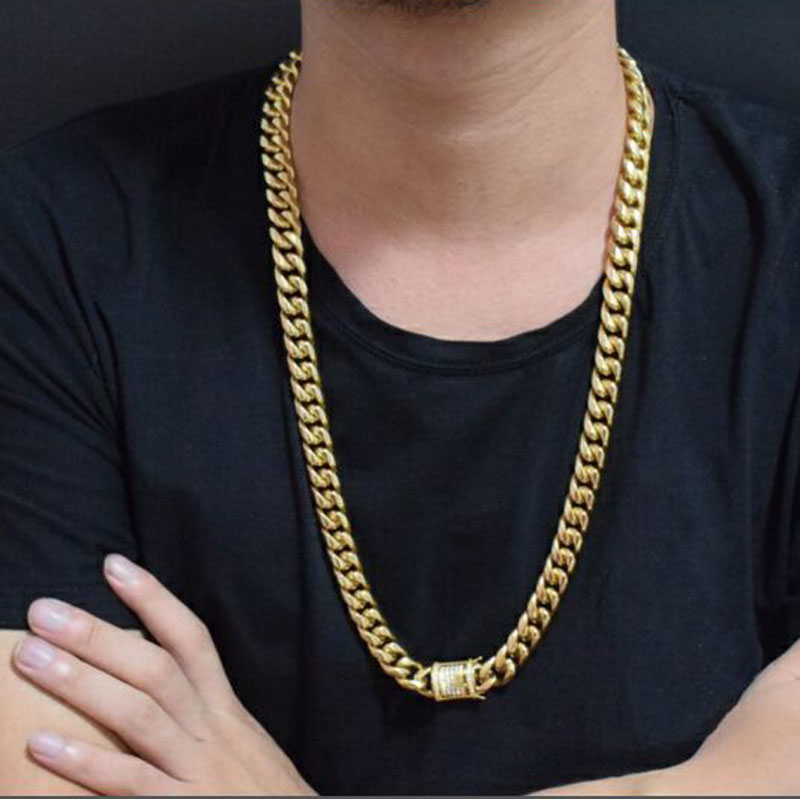 14mm Cool Mens Chain Gold Tone 316L Stainless Steel Necklace Curb Cuban Link Chain and Bracelets Set with Diamond Clasp Lock 2PCS
