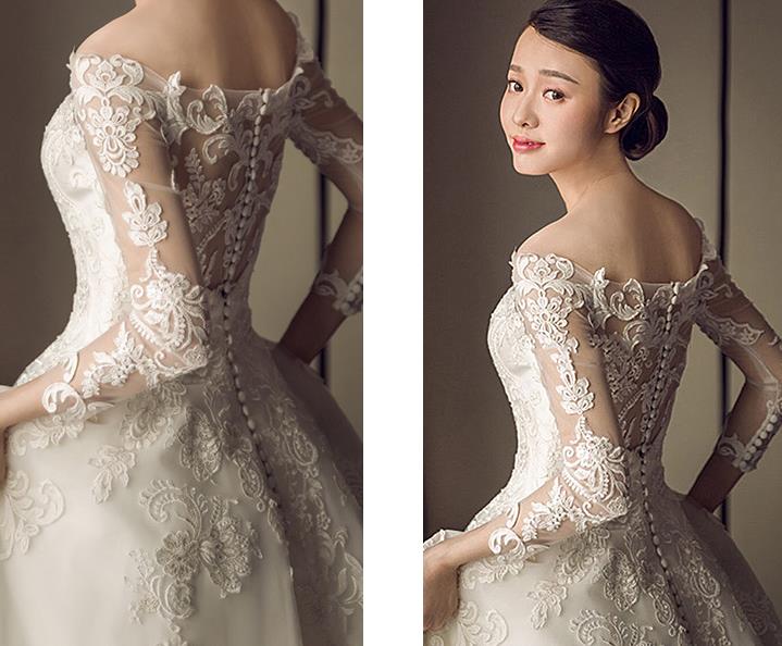 Vintage Off the Shoulder Long Sleeve Wedding Dress Chapel Train Lace Applique Ball Gowns Bridal Dress Ivory Vestido De Novia Romantic