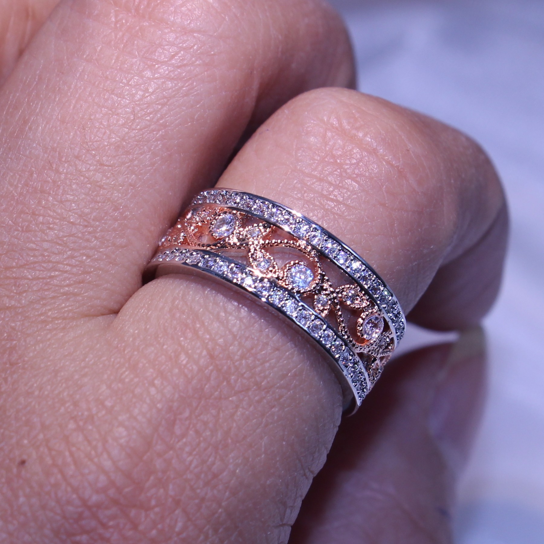 Sterg Sier Leaf Ring for Women - Rose Gold Filled 5A CZ Crystal Wedding Band with Gift Box