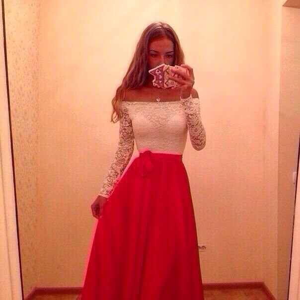 White and Red Off The Shoulder Prom Dress Long Sleeve Floor Length Sexy Lace Chiffon Evening Gowns Party Dress With Sleeves