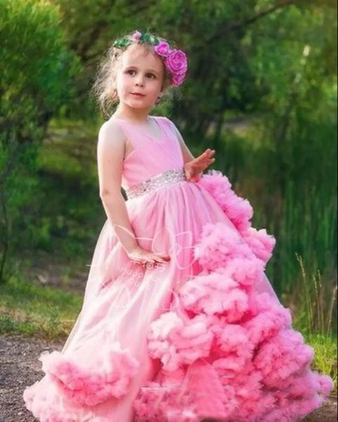 Cloud Ruffles Tiered Flower Girl Dress For Weddings Vintage Pink Big Train Princess Dress Mother Daugher 1st Birthday Evening Gowns