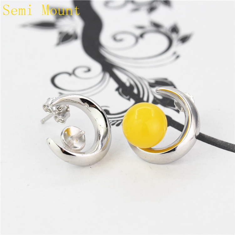 925 Sterling Silver Semi Mount Stud Earrings Plated White Gold for 8-9mm Pearl or Round Bead Fine Jewelry Setting DIY Stone