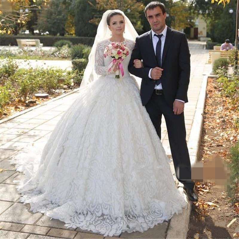 Sleeve Modest Long Saudi Arabic Wedding Dresses Open Back Jewel Neck Lace Appliqued Cathedral Train Country Bridal Gowns 0914