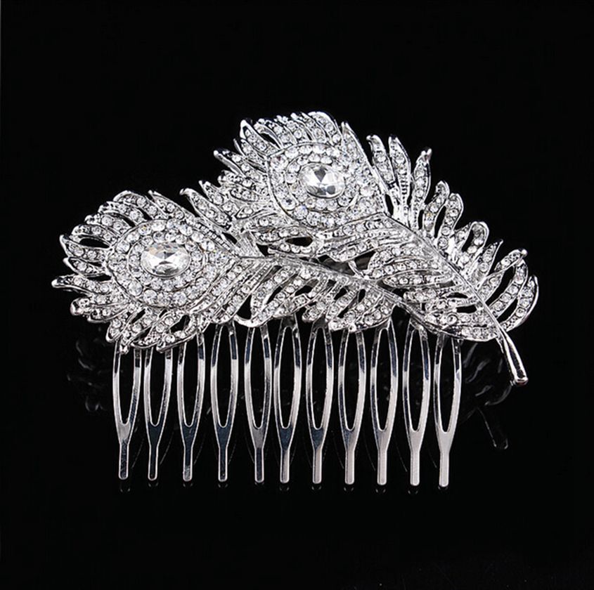3.3 Inch Extra Large Vintage Look Rhodium Silver Tone Double Feather Bridal Hair Comb with Rhinestone Crystals