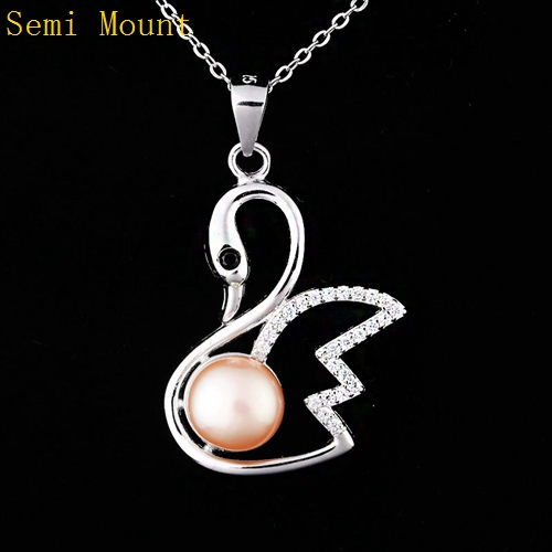 Real Sterling Silver 925 Plated White Gold Crystal Pendant for Women Semi Mount Pendant 7mm8mm9mm Round Bear Pearl Fine Jewelry Setting Swan