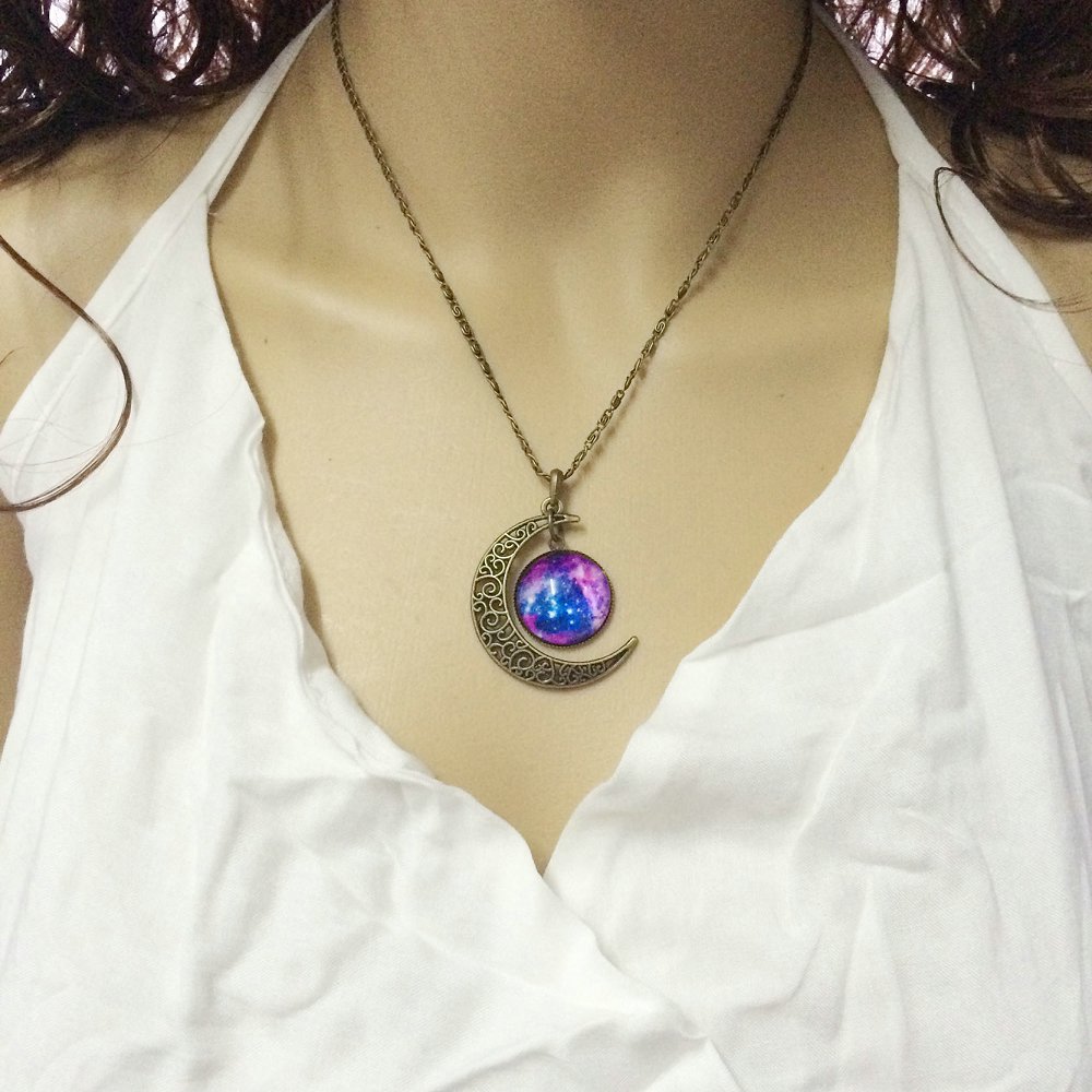 Moon Pendant Necklace Brand Fashion Jewelry Galaxy Glass cabochon vintage bronze Chain statement necklace women accessories