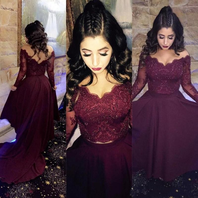 Cheap Sexy Two Pieces Burgundy Prom Dresses Off Shoulder Long Sleeves Lace Appliques Crystal Beaded Formal Party Dress Evening Gowns