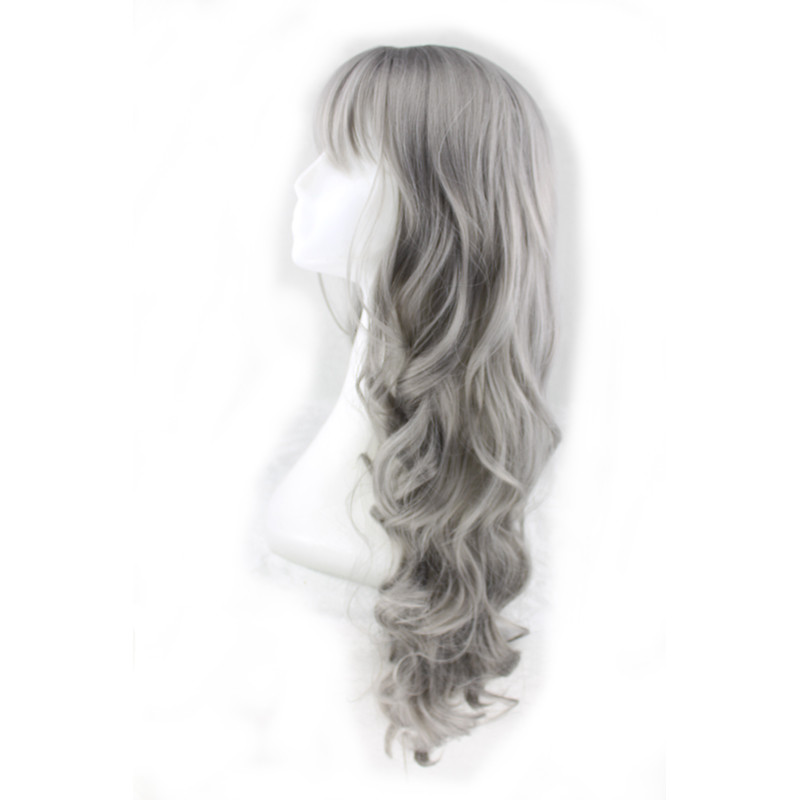 grey wig with neat bangs long curly synthetic natural wavy wigs grandmother gray hair women