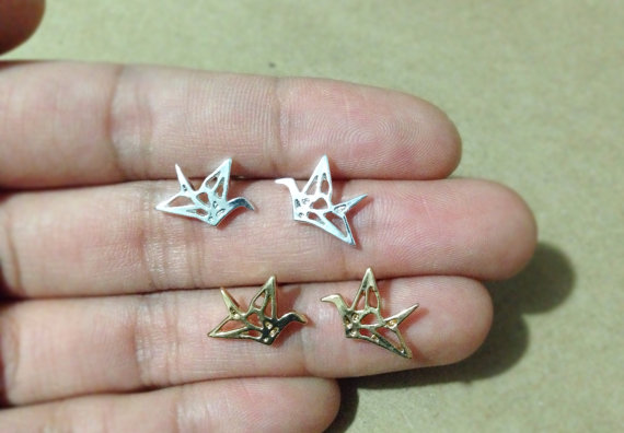 10Pair- S011 Gold Silver Origami Crane Stud Earrings Baby Paper Crane Bird Earrings Stud Little Swallow Earrings Animal jewelry