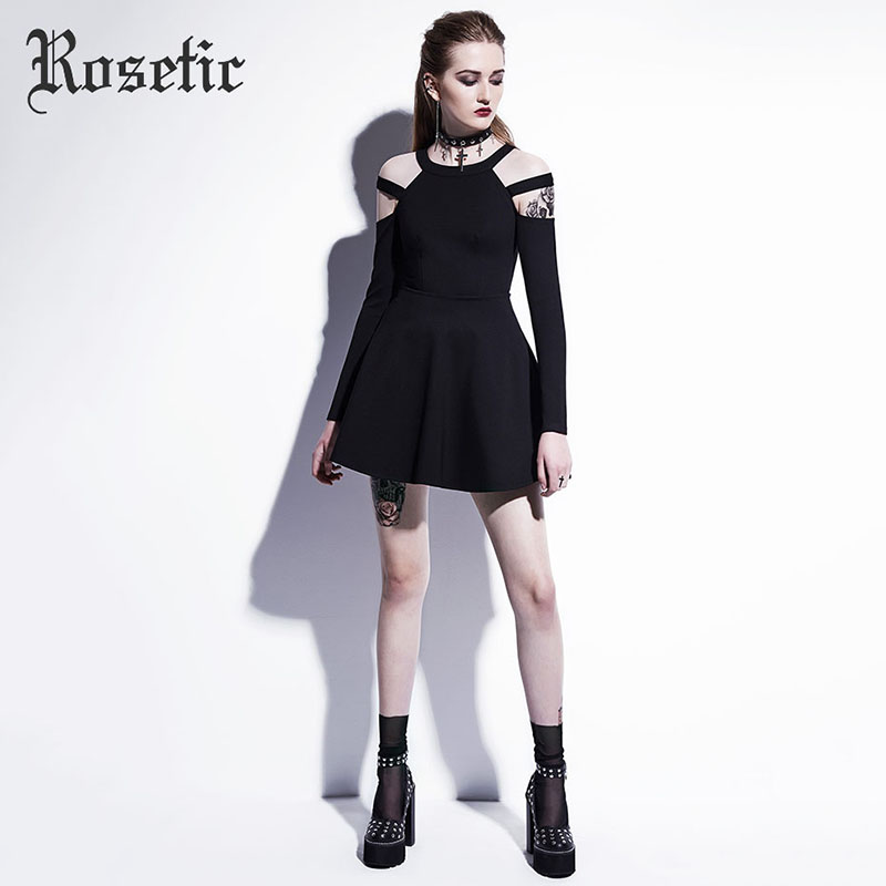 Wholesale- Rosetic Gothic Mini Dress Black Fashion Hollow Autumn Women Casual Dress Dark Street Wild Sexy Preppy A-Line Goth Mini Dresses