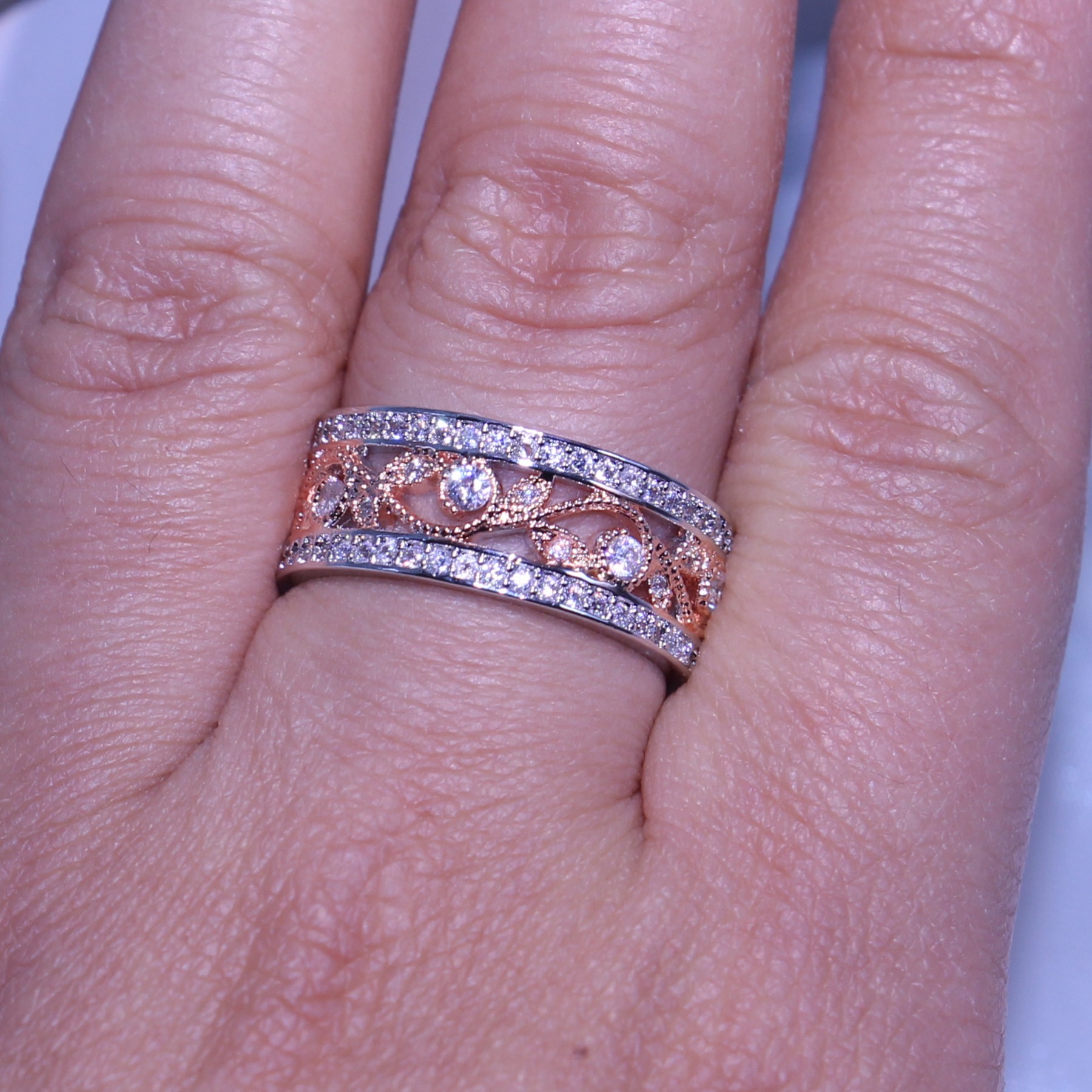 Sterg Sier Leaf Ring for Women - Rose Gold Filled 5A CZ Crystal Wedding Band with Gift Box