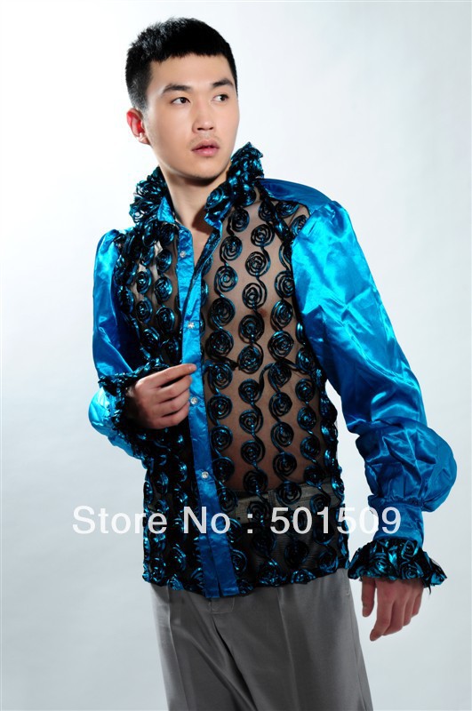 Wholesale-Free shipping fan collar prince stage sequins decoration mens tuxedo shirts party/wedding shirts latin dance performance shirts