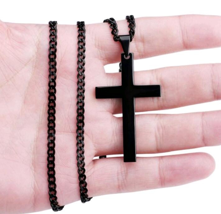 Unisex Smooth Metal Cross Pendant with Matched Chain - Available in Silver, Gold & Black