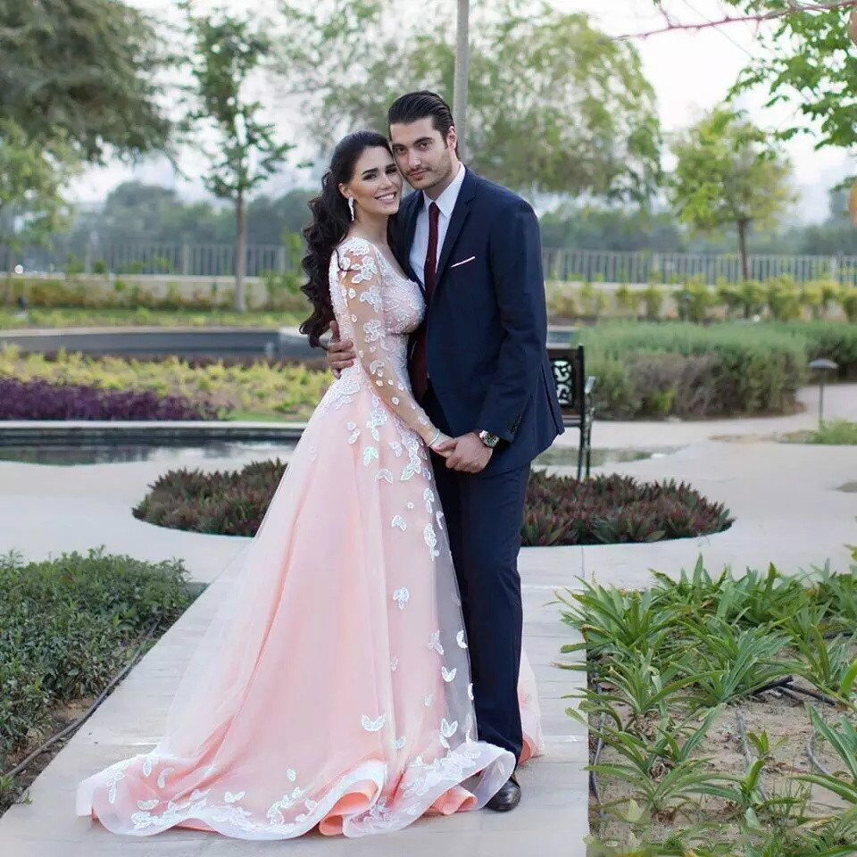 Square Pink Evening Dresses Long Sleeve Applique Beads Illusion Generous Prom Dress Vestidos De Fest Party Formal Pageant Celebrity Gowns