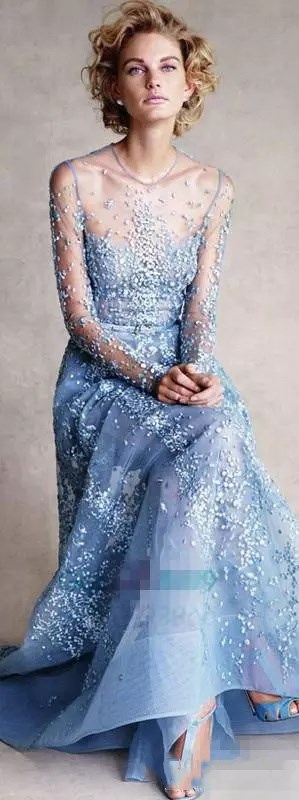 Illusion Elie Saab Prom Dresses Free Shipping Red Carpet Formal Dresses Modest Sky Blue Lace Applique Pearls Sexy Long Sleeve Evening Gowns