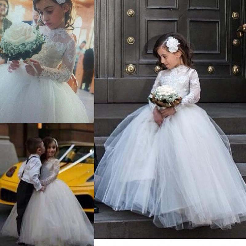 Party Lovely Wedding Girl Dresses High Neck Long Sleeve Princess Appliques Lace Wer Girls Dress Kids Formal Wear S