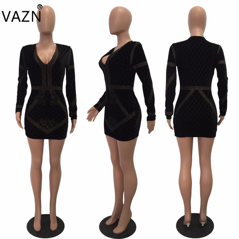 VAZN 2018 High Quality Slim Temperate Fashion Bandage Dress Full Sleeve Mini Dress V-Neck Sexy Bodycon Dress CM120 q1118